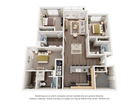 Floor plan for 3 beds, 3 baths, 1297 sqft